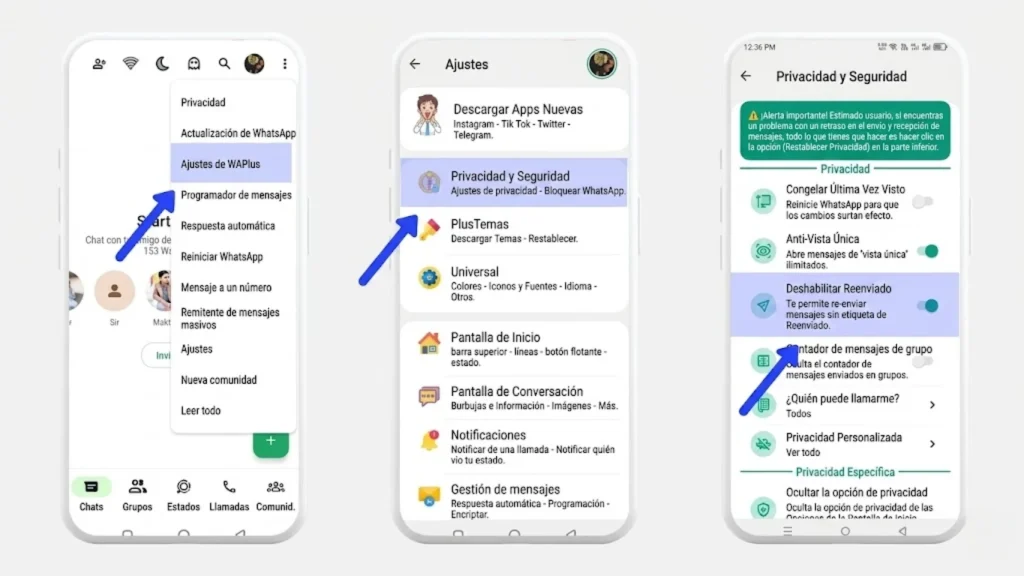 Deshabilitar etiqueta de reenviado en WhatsApp Plus