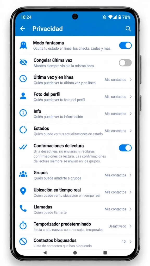 Ajustes de privacidad de WhatsApp Plus en Android