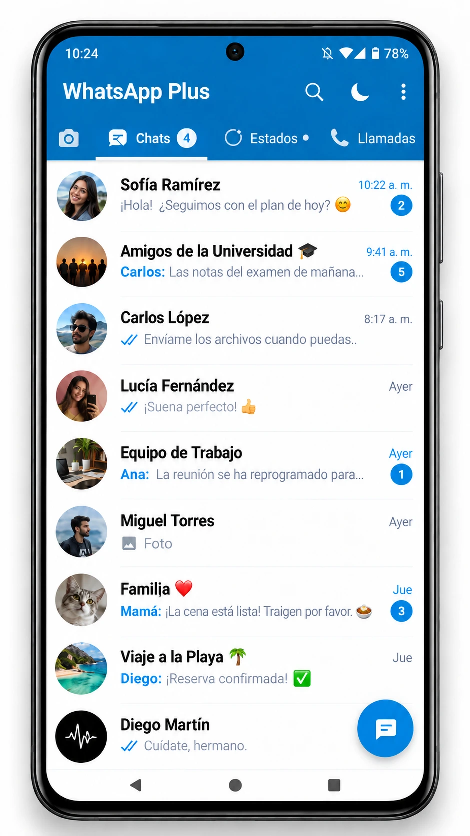 Lista de chats de WhatsApp Plus en Android