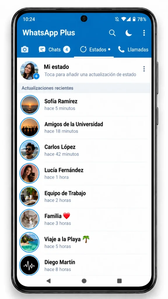 Opciones de medios y estados en WhatsApp Plus