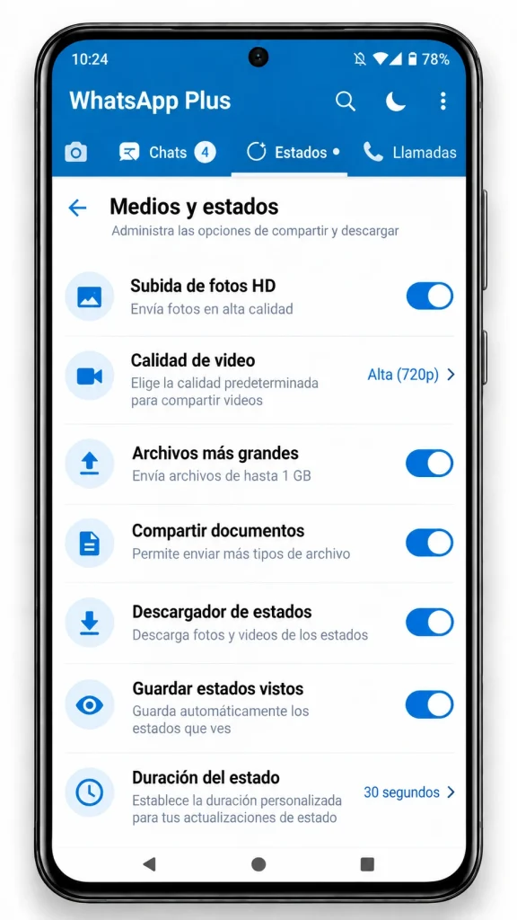 Pantalla de estados de WhatsApp Plus en Android